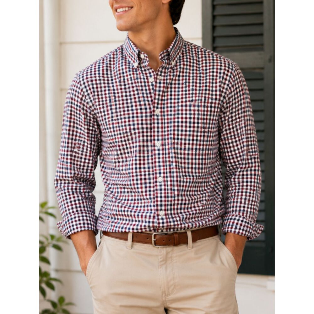 J.Crew Flex Washed Slim Gingham Button Down Shirt Men's Large Red Blue Cotton